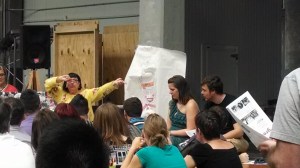 drawing in front of crowd